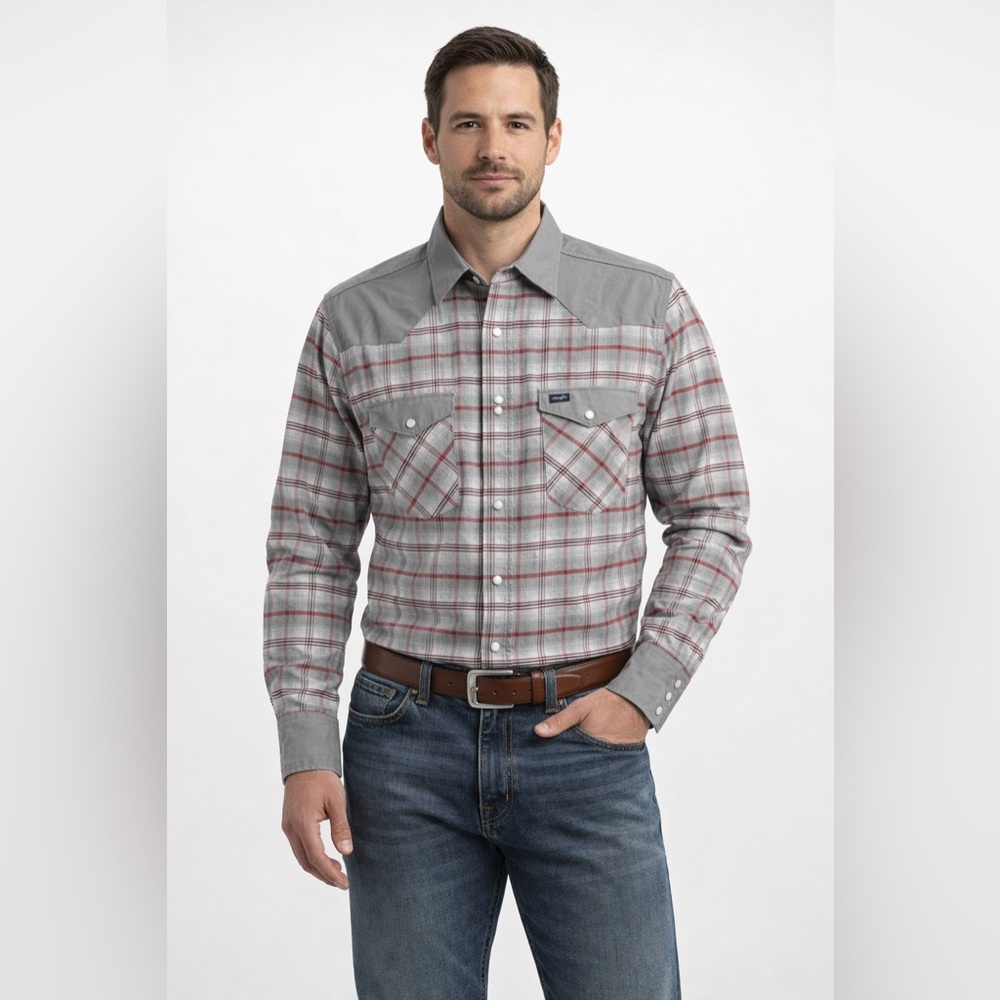 Vintage Wrangler Brushpopper Shirt Mens M Plaid Pearl Snap Western Cowboy Gray